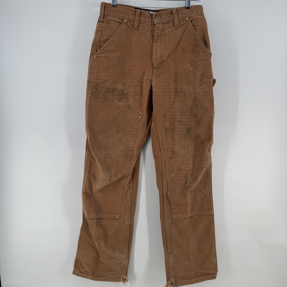 Mens Carhartt USA Union B01 Double Knee Pants 28x32 Brown Canvas Work Distressed